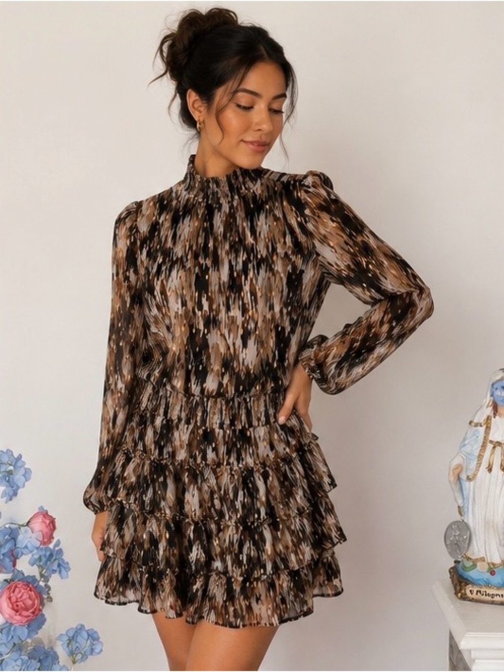 MSK Brown Multi-Print Long-Sleeve Ruffle Mini Dress